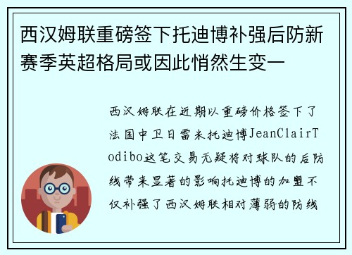 西汉姆联重磅签下托迪博补强后防新赛季英超格局或因此悄然生变一