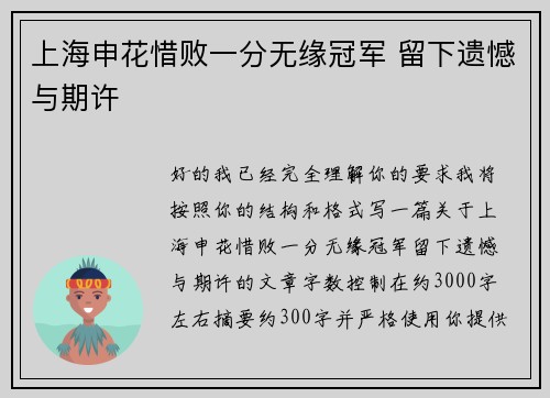 上海申花惜败一分无缘冠军 留下遗憾与期许
